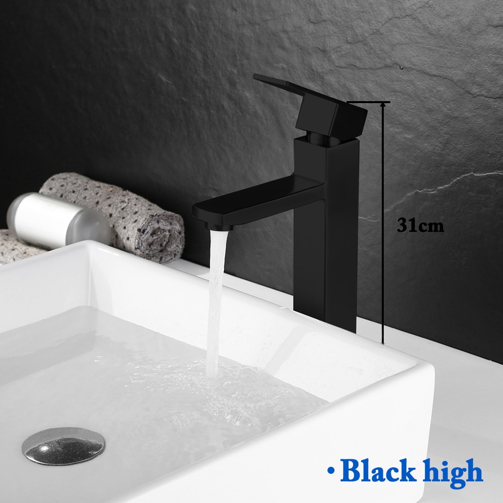 Matte Black Lavatory Basin Sink Bathroom Faucet Deck Mounted Hot Cold Mixer Taps Sink Tap Crane 4