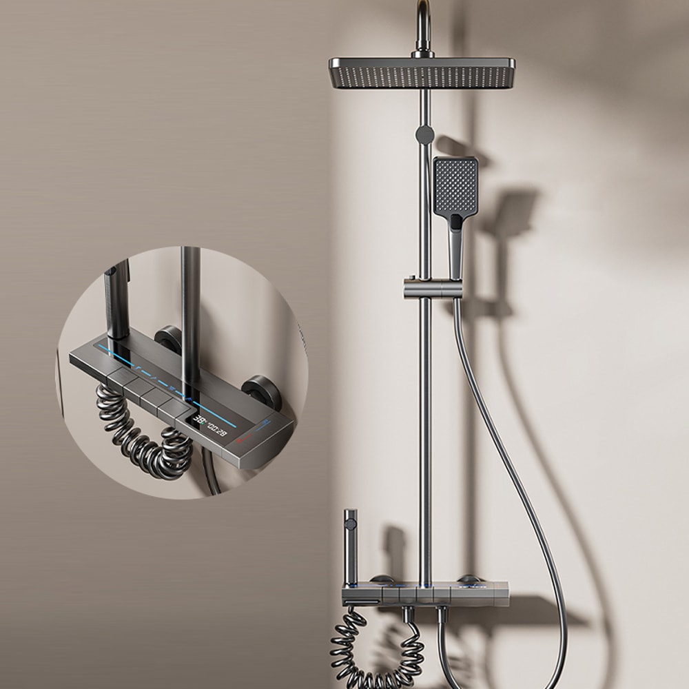 Gray Shower System Set, Space Aluminum Shower Set, Digital Display, Piano Button, Ambient Light, Bathroom Faucets