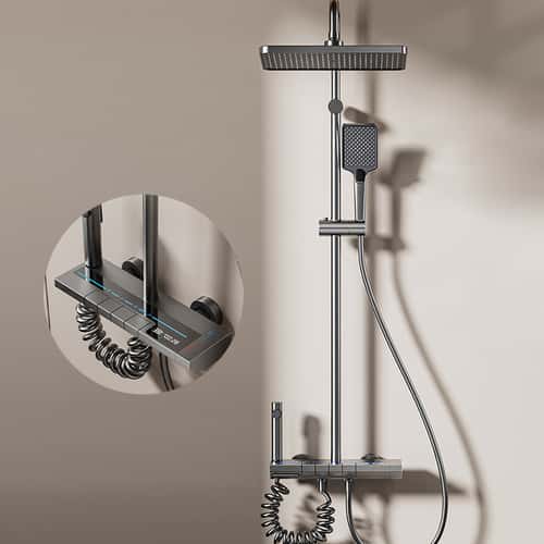 Gray Shower System Set, Space Aluminum Shower Set, Digital Display, Piano Button, Ambient Light, Bathroom Faucets