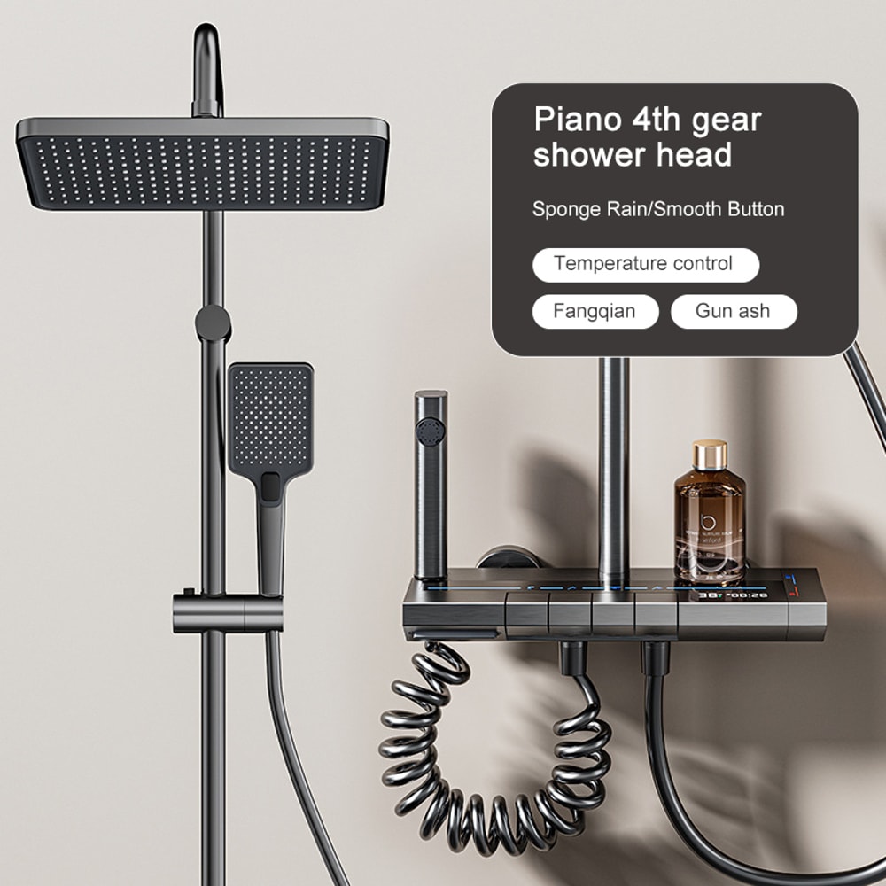 Gray Shower System Set, Space Aluminum Shower Set, Digital Display, Piano Button, Ambient Light, Bathroom Faucets