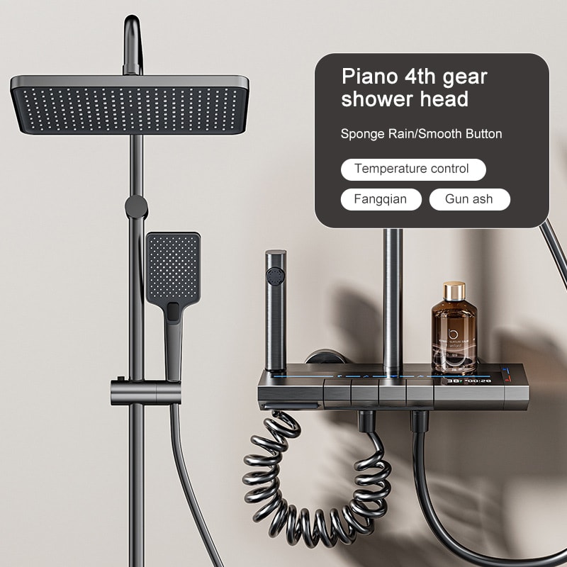 Gray Shower System Set, Space Aluminum Shower Set, Digital Display, Piano Button, Ambient Light, Bathroom Faucets