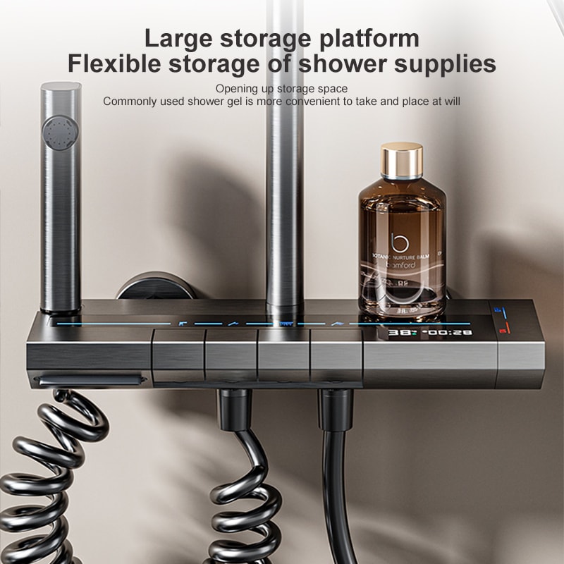 Gray Shower System Set, Space Aluminum Shower Set, Digital Display, Piano Button, Ambient Light, Bathroom Faucets
