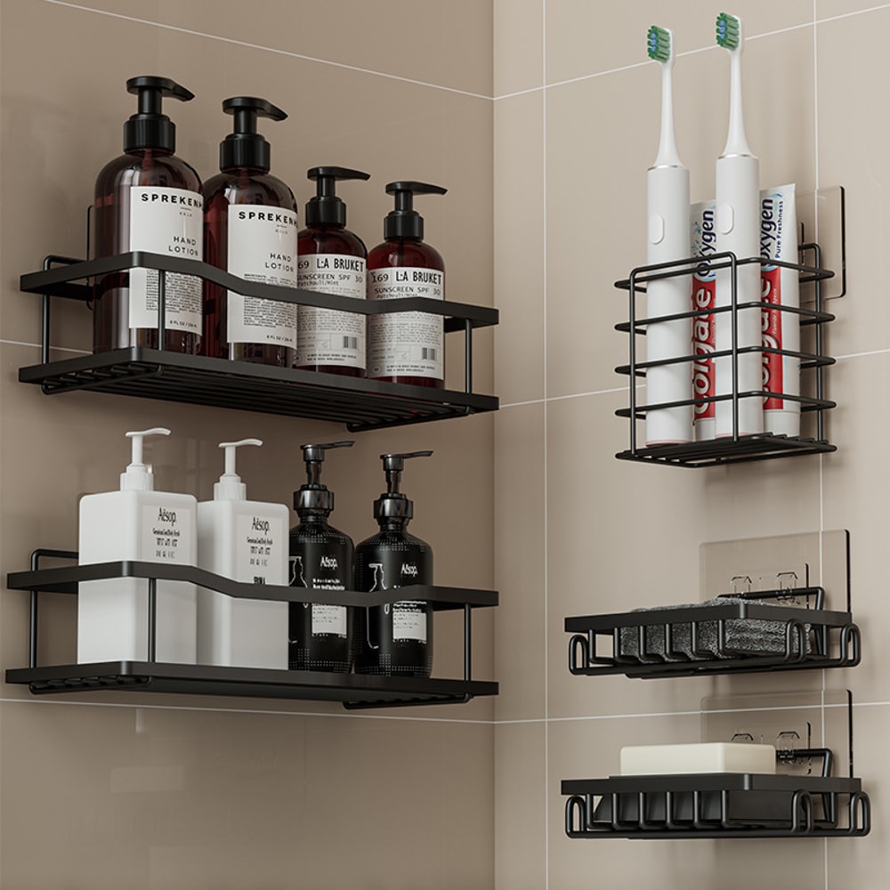 Wall-Mounted Drill-Free Iron Bathroom Shelf Organizer, Shower Storage Rack for Soap & Toiletries