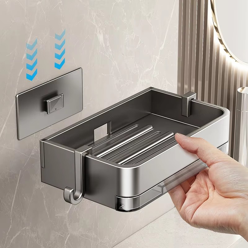 Wallmounted Space Aluminum Soap Dish Punchfree Bathroom Storage Rack Soap Box For Washroom 0