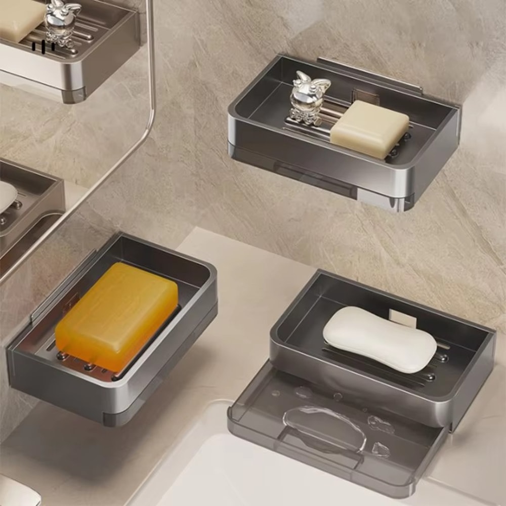 Wallmounted Space Aluminum Soap Dish Punchfree Bathroom Storage Rack Soap Box For Washroom 5