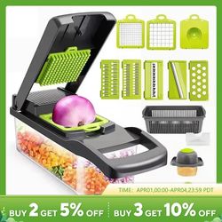 12-in-1 vegetable slicer cutter with basket - green/black