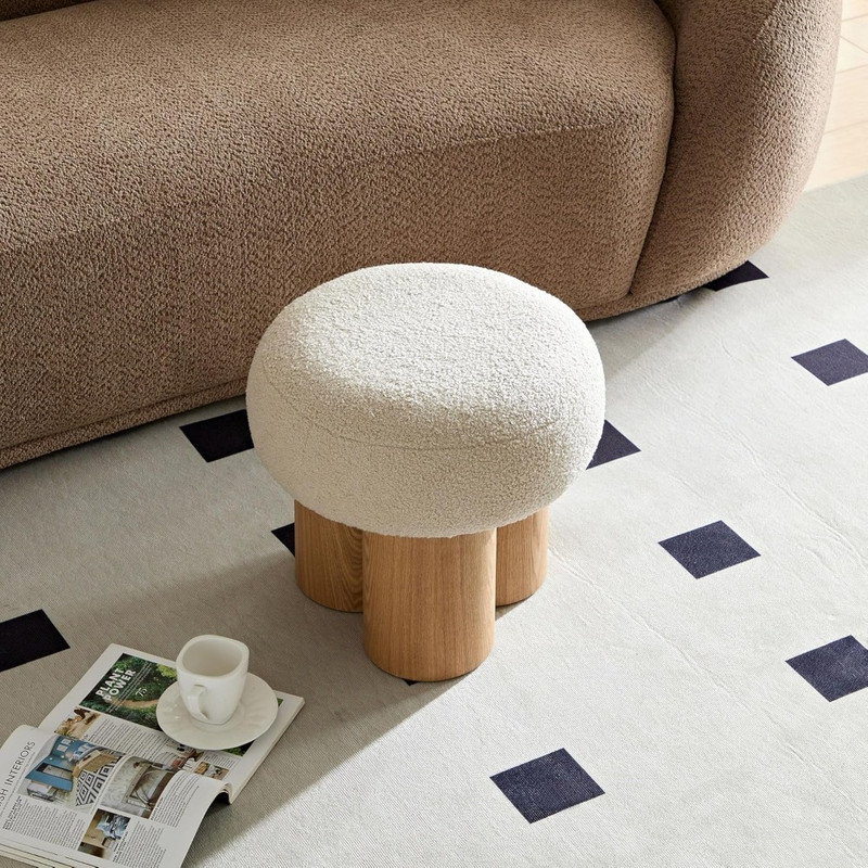 Modern Small Round Ottoman Stool Teddy Fabric Footrest with NonSkid Legs for Desk Couch or Bedro