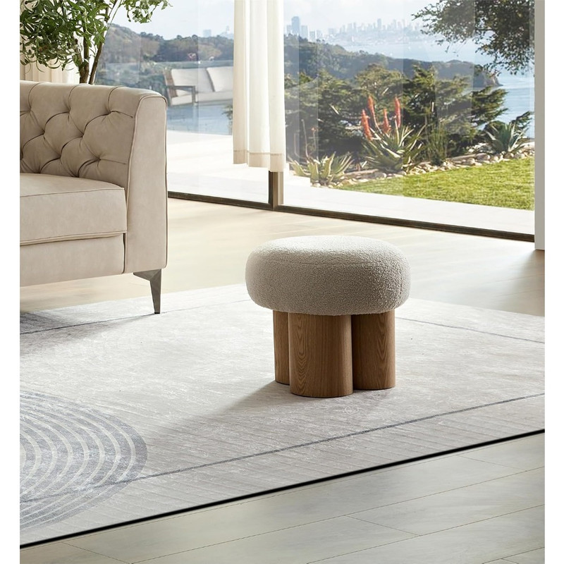 Modern Small Round Ottoman Stool Teddy Fabric Footrest with NonSkid Legs for Desk Couch or Bedro