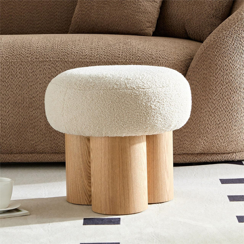 Modern Small Round Ottoman Stool Teddy Fabric Footrest with NonSkid Legs for Desk Couch or Bedro