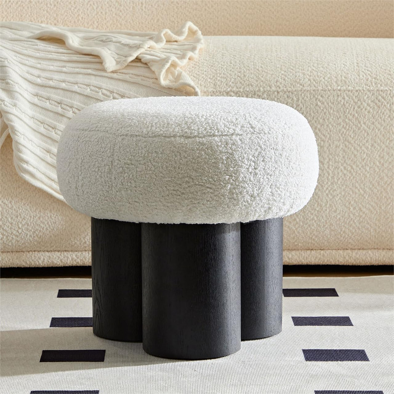 Modern Small Round Ottoman Stool Teddy Fabric Footrest with NonSkid Legs for Desk Couch or Bedro
