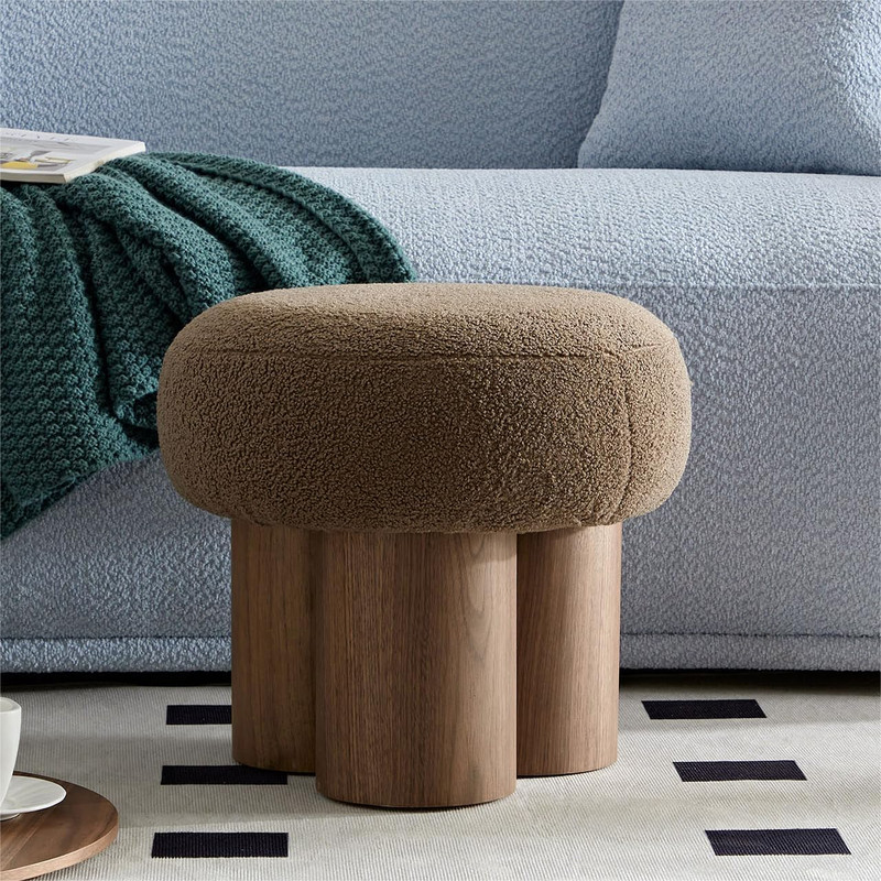 Modern Small Round Ottoman Stool Teddy Fabric Footrest with NonSkid Legs for Desk Couch or Bedro