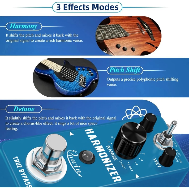 Guitar Harmonizer Pedal Digital Pitch Shifter With Harmony Detune Effects True Bypass Compact For 2