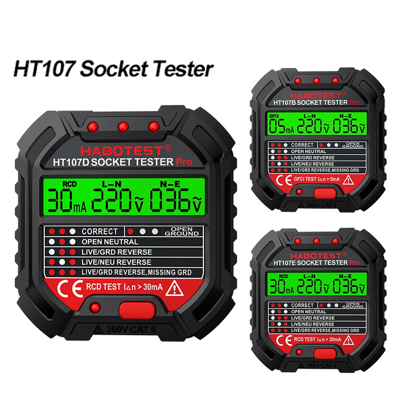 HT106 HT107 Digital Socket Tester With Voltage Detector RCD NCV Test For Ground Zero Line  Phase Ch 4