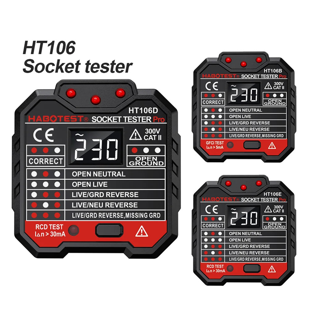 HT106 HT107 Digital Socket Tester With Voltage Detector RCD NCV Test For Ground Zero Line  Phase Ch 5