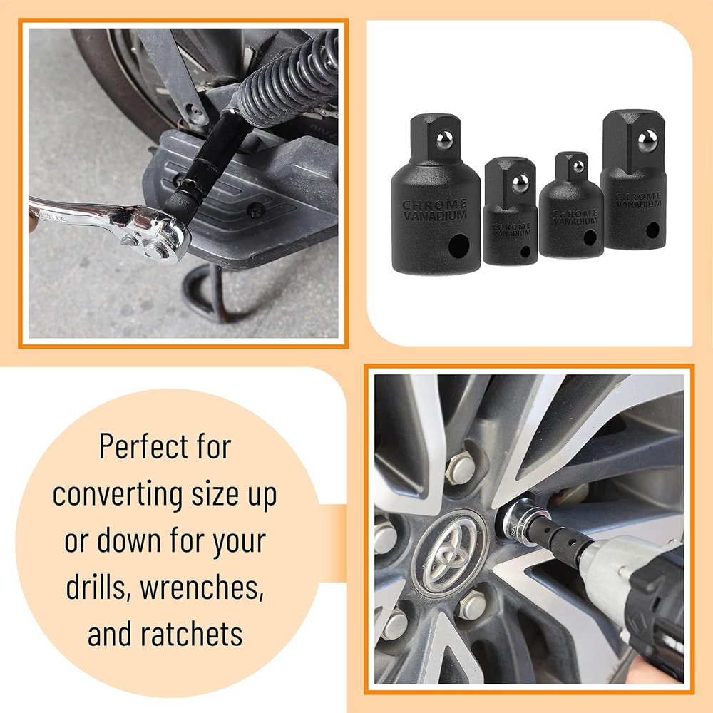 4PCS Impact Socket Adapter & Reducer Set, Versatile 1/2", 3/8", 1/4" Drive for Impact Drivers, Wrenches, and Drills
