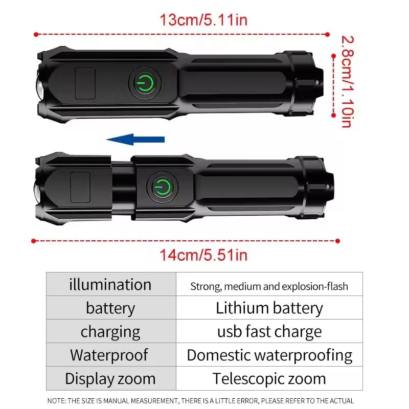 Rechargeable LED Camping Torch Flashlight High Power USB Spotlight With Zoom Lantern Waterproof Bui 3