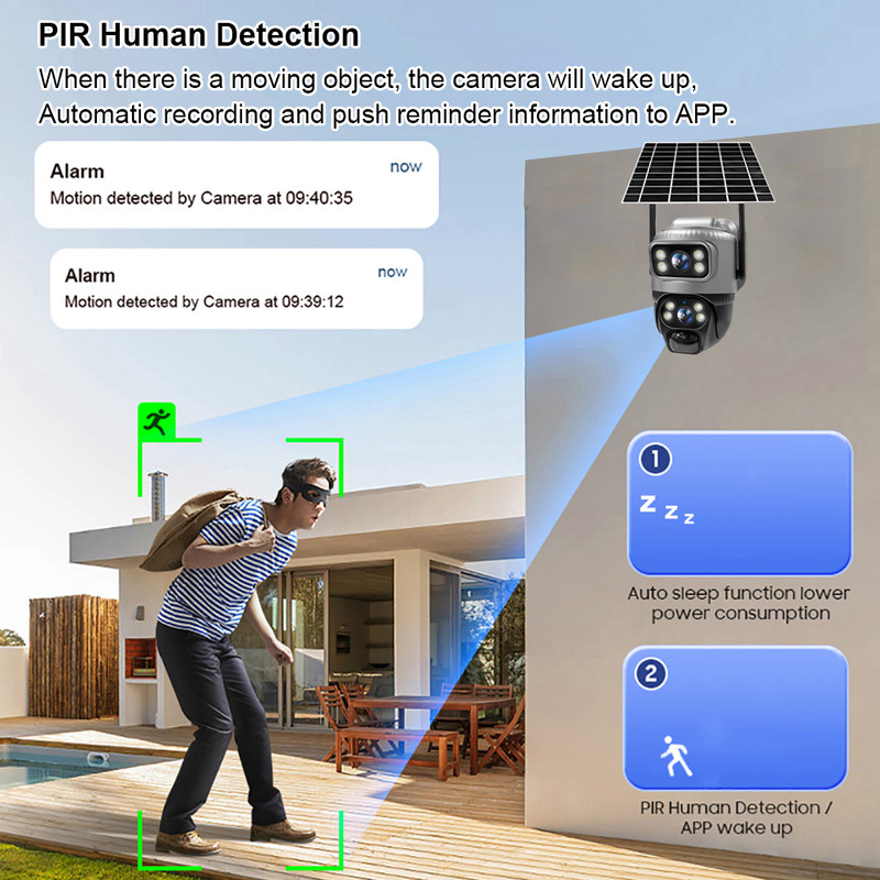 8MP 4K V380 Dual Lens 4G Solar Security Camera PIR Human Detection Night Vision Waterproof IP Cam 4