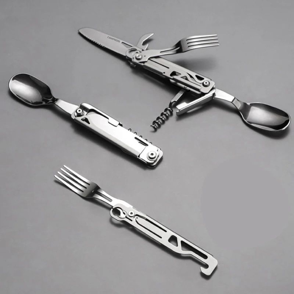 Portable Stainless Steel Camping Cutlery Set Knife Fork Spoon Opener Foldable Outdoor Equipment 0