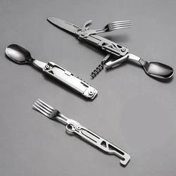 portable stainless steel camping cutlery set knife fork spoon opener foldable outdoor equipment