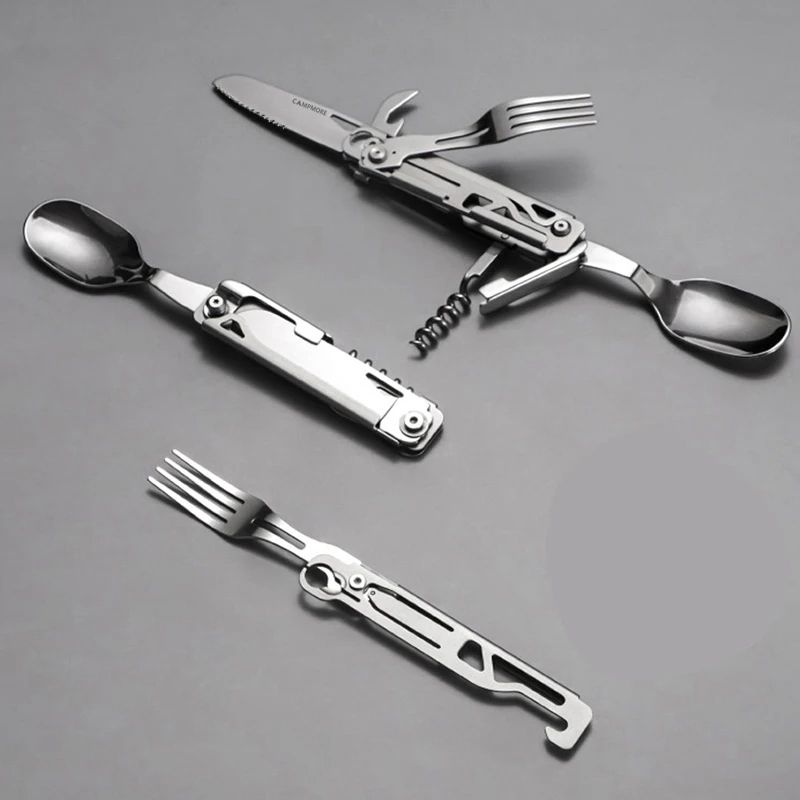 Portable Stainless Steel Camping Cutlery Set Knife Fork Spoon Opener Foldable Outdoor Equipment 0