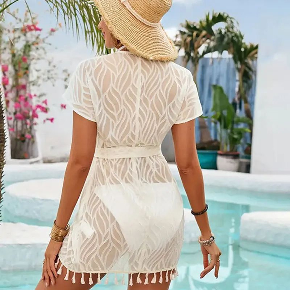 Elegant White Lace Swim Cover Up Dress Sexy VNeck Long Beach Pareo Bikini Robe Tunic For Women 5