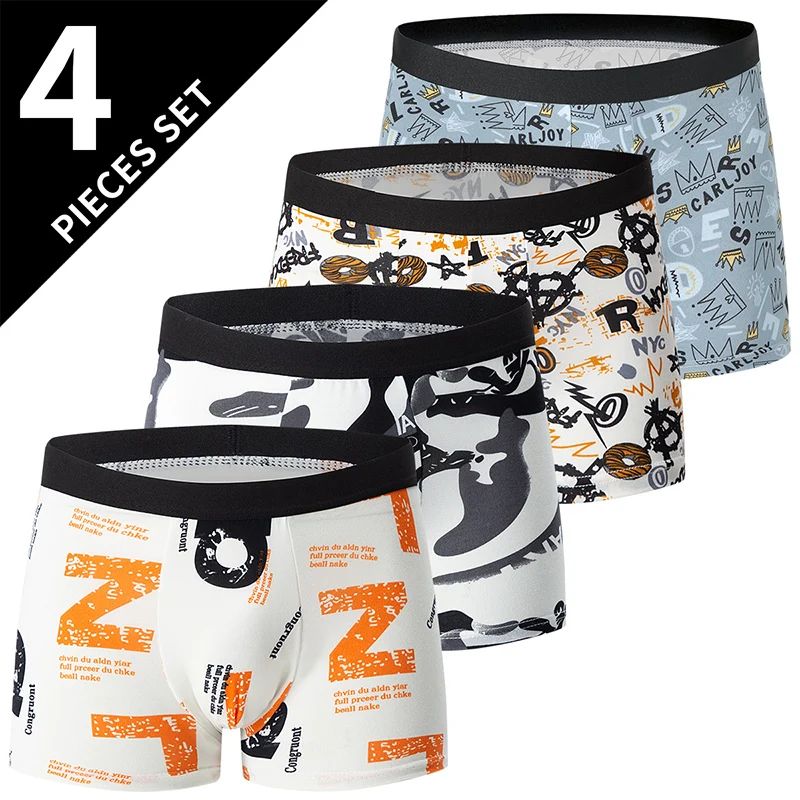 4Piece Men Fashion Print Mix And Match Underwear Comfortable Breathable Beach Shorts For Teenager 1