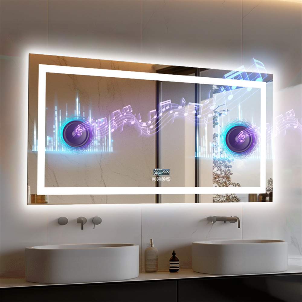 Modern LED Bathroom Mirror Wall Mounted Smart Vanity Mirror With Bluetooth Digital Clock AntiFog T 0