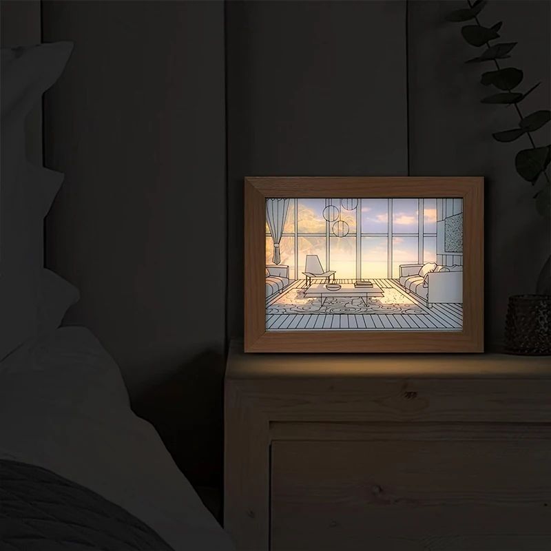 Decorative LED Light Painting USB Plug Dimmable Wall Artwork Table Lamp Wooden Photo Night Gift 4