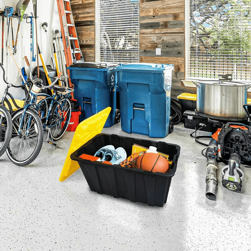 Snap Lid Storage Bin Durable Black Plastic Tote Boxes Stackable Garage Workshop Containers 1