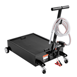 low profile oil drain pan with electric pump & swivel casters, professional fluid disposal cart