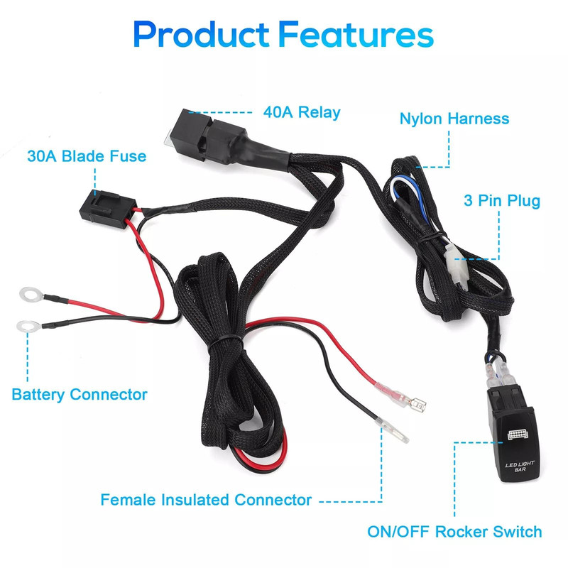 HeavyDuty 40A 12V Wiring Harness Kit Includes OnOff Switch Relay Fuse For LED Light Bars Fog Ligh 4
