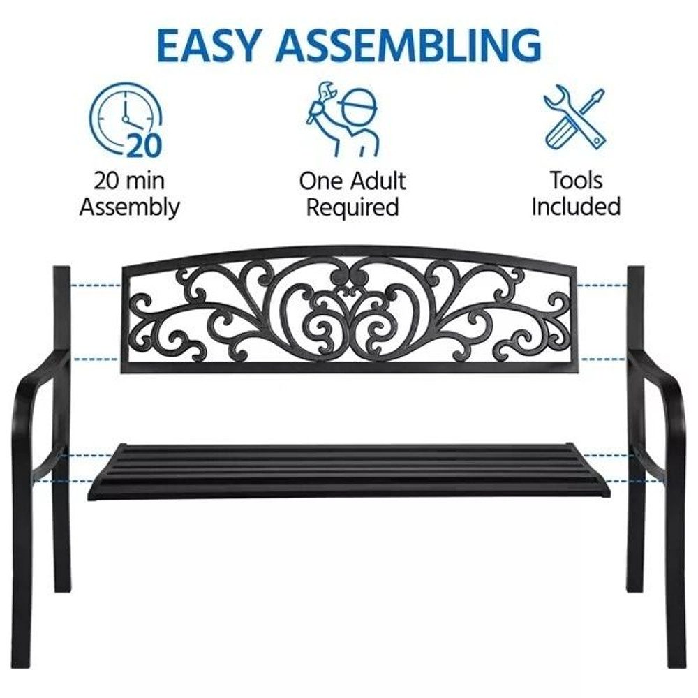 Antique Iron Patio Garden Bench Outdoor Yard Bench With Scroll Heart Design RustResistant Park Benc 1