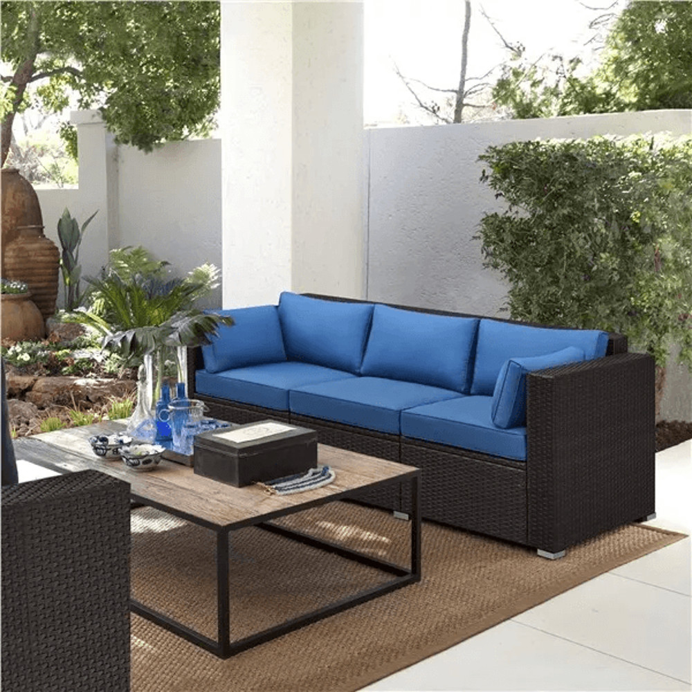 3 Seat Outdoor Rattan Couch Patio Wicker Sofa With Protective Cover Throw Pillows BrownDark Blue 1