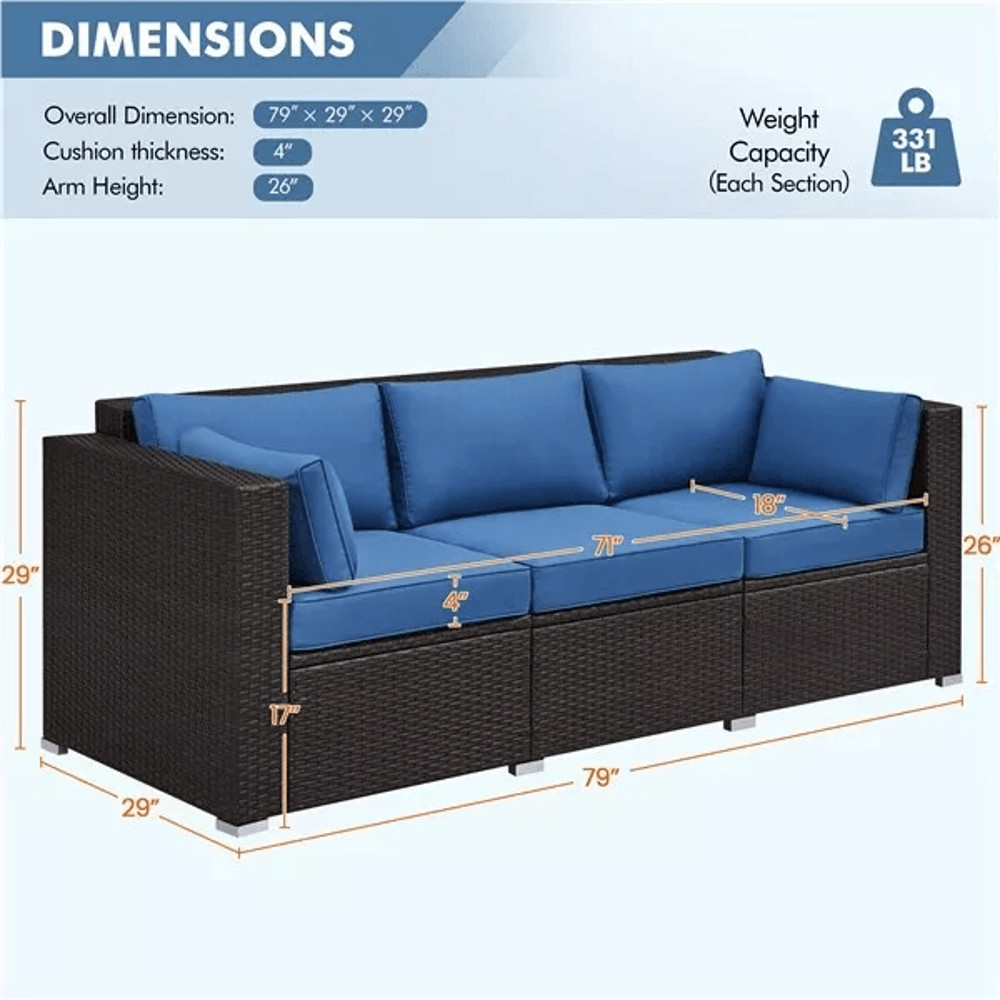 3 Seat Outdoor Rattan Couch Patio Wicker Sofa With Protective Cover Throw Pillows BrownDark Blue 2