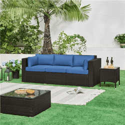 3 seat outdoor rattan couch patio wicker sofa with protective cover & throw pillows, brown/dark blue