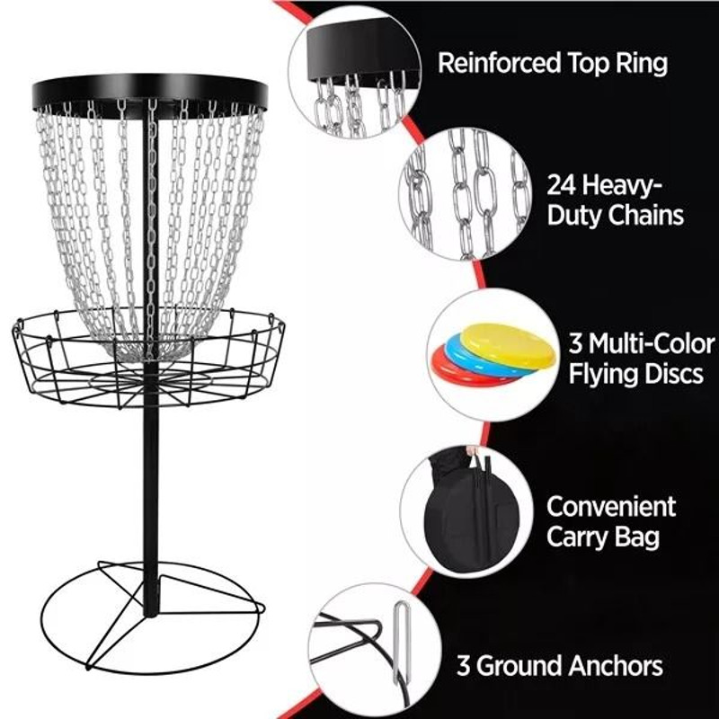 Heavy Duty Portable 24 Chain Disc Golf Basket With 3 Discs Practice Target For Backyard Travel 10
