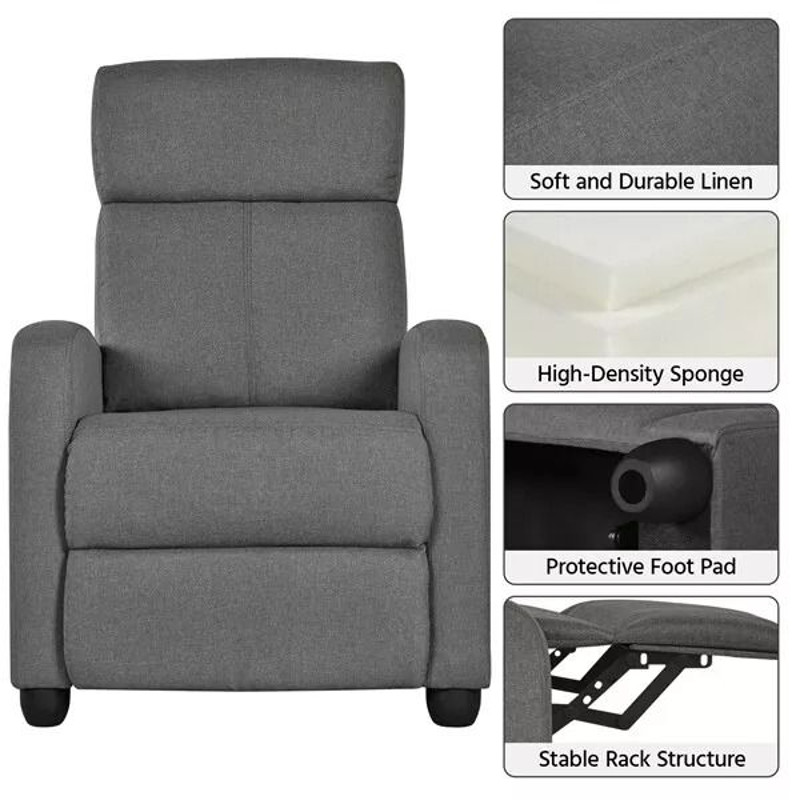 Modern Single Recliner Chair Upholstered Sofa With Pocket Spring For Living Room Gray Linen Reclin 7