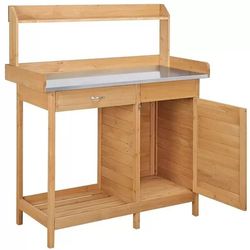 wooden garden potting bench table outdoor work bench with cabinet, drawer & open shelf for planting & storage