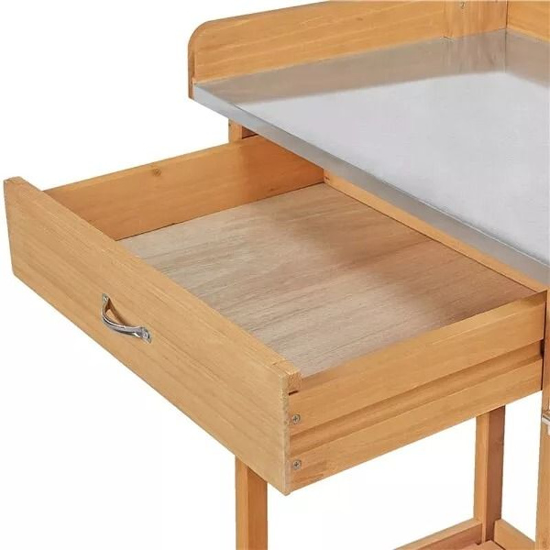 Wooden Garden Potting Bench Table Outdoor Work Bench With Cabinet Drawer Open Shelf For Planting 3