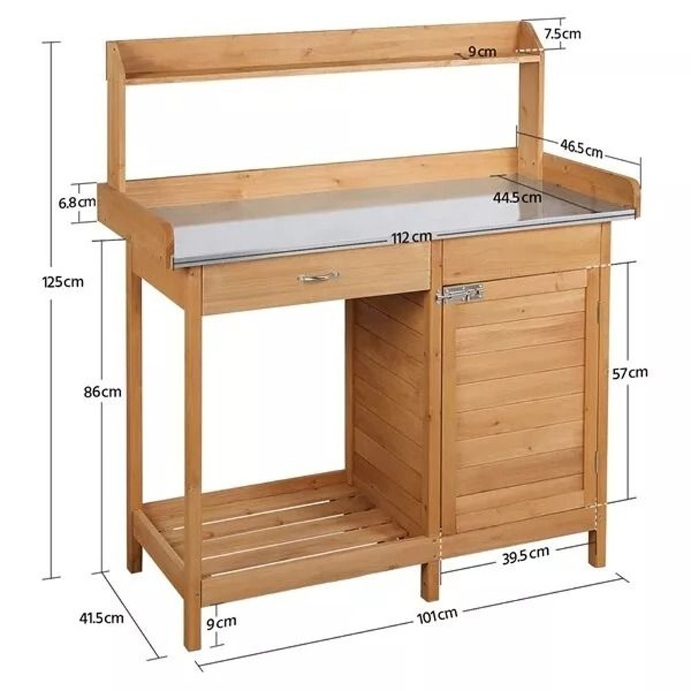 Wooden Garden Potting Bench Table Outdoor Work Bench With Cabinet Drawer Open Shelf For Planting 6