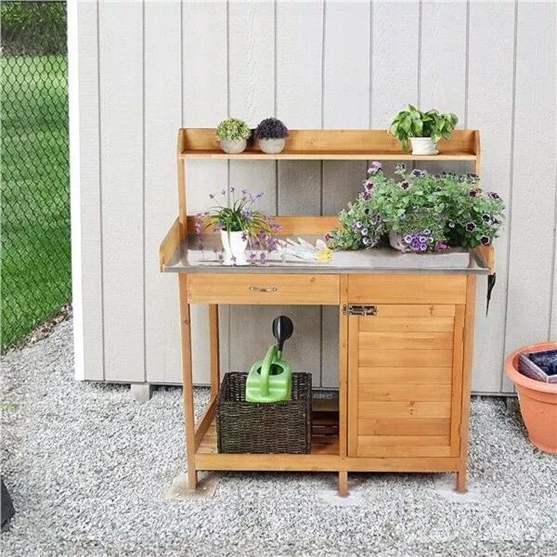 Wooden Garden Potting Bench Table Outdoor Work Bench With Cabinet Drawer Open Shelf For Planting 7