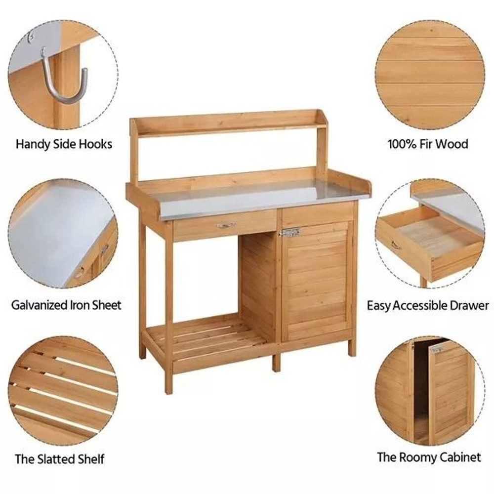 Wooden Garden Potting Bench Table Outdoor Work Bench With Cabinet Drawer Open Shelf For Planting 9