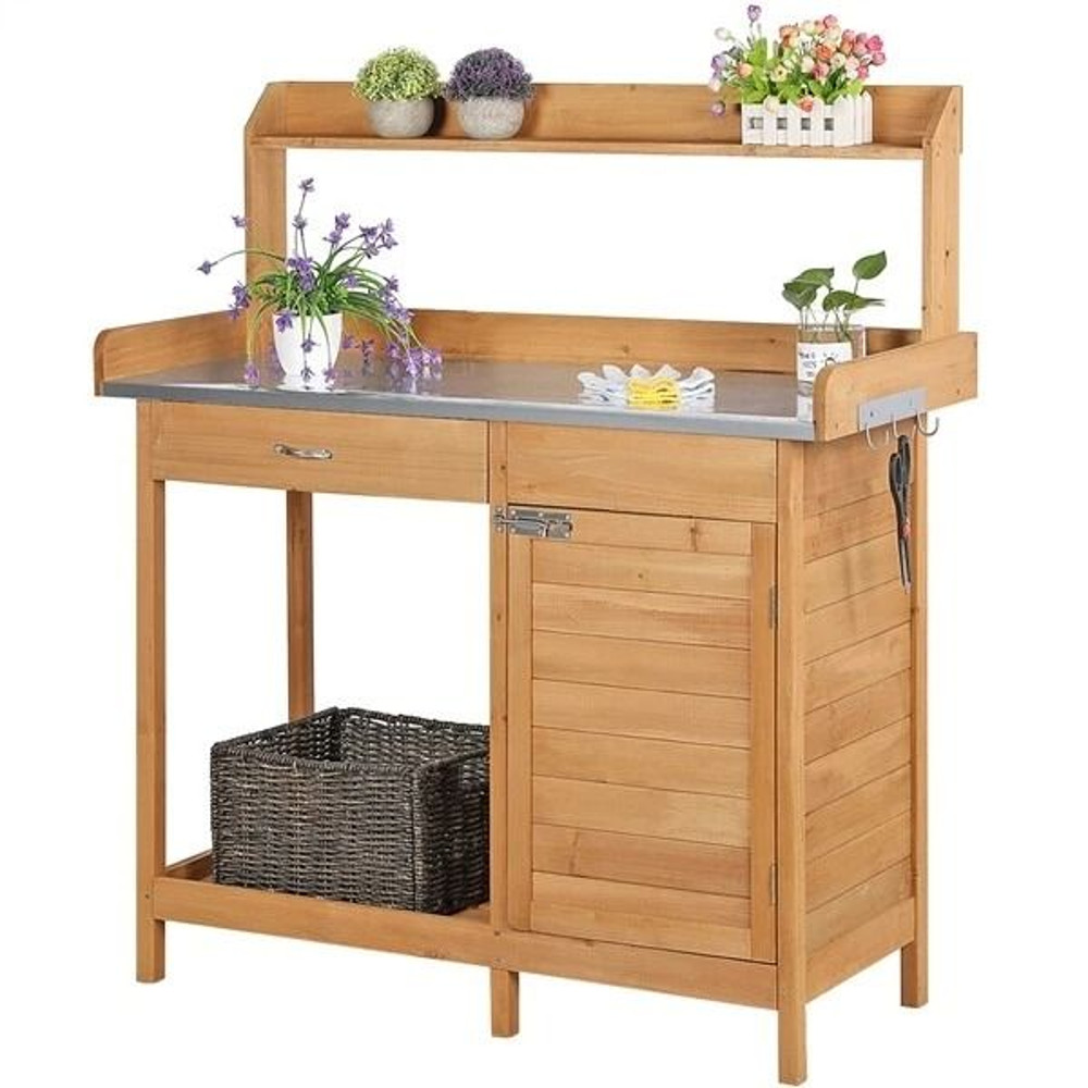 Wooden Garden Potting Bench Table Outdoor Work Bench With Cabinet Drawer Open Shelf For Planting 10