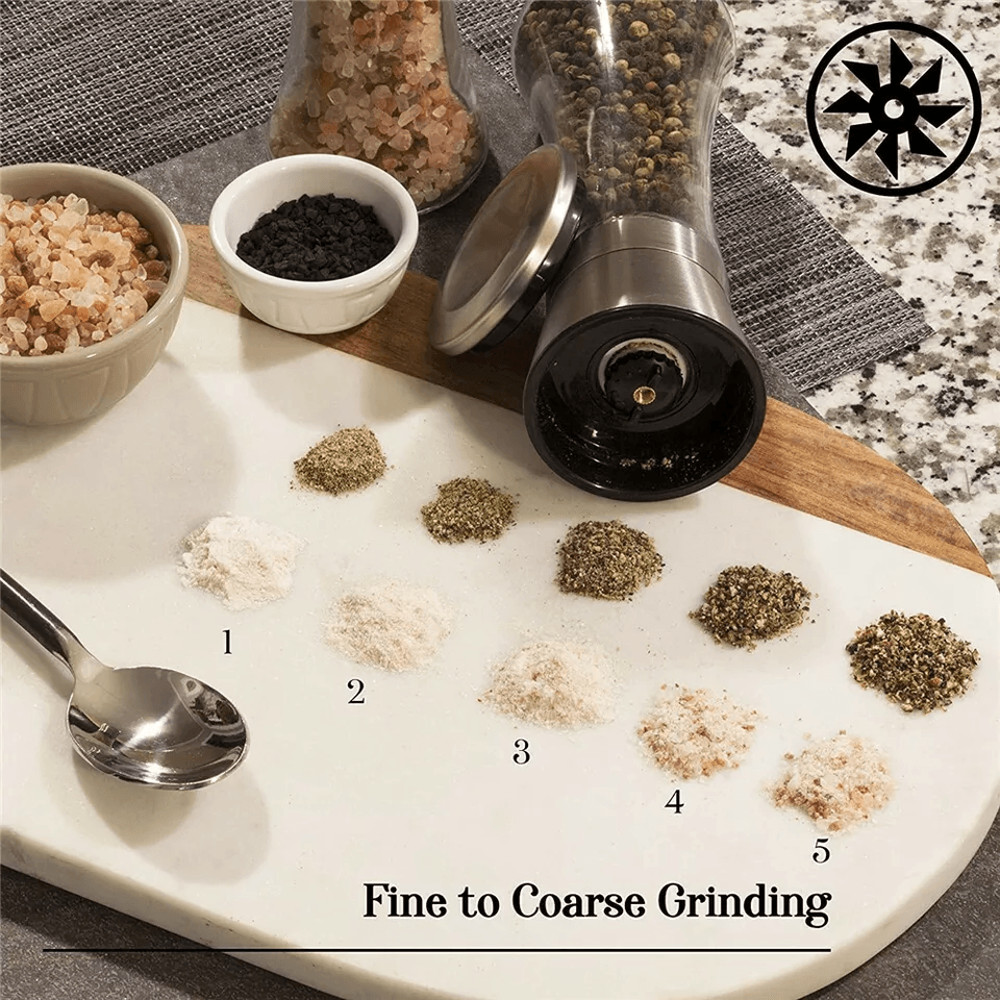 Premium Stainless Steel Salt And Pepper Grinder Mill Vintage Glass Bottle Spice Shaker Set Adjustab 3