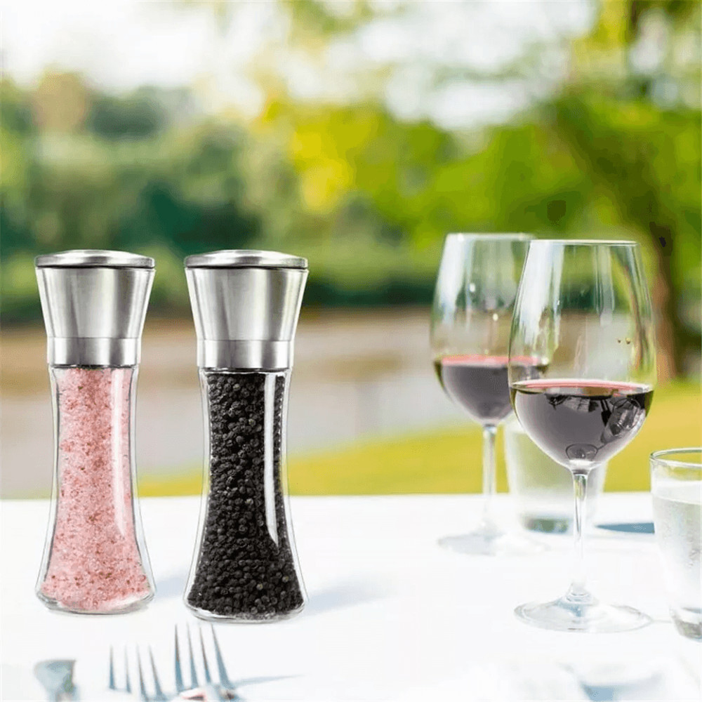 Premium Stainless Steel Salt And Pepper Grinder Mill Vintage Glass Bottle Spice Shaker Set Adjustab 1