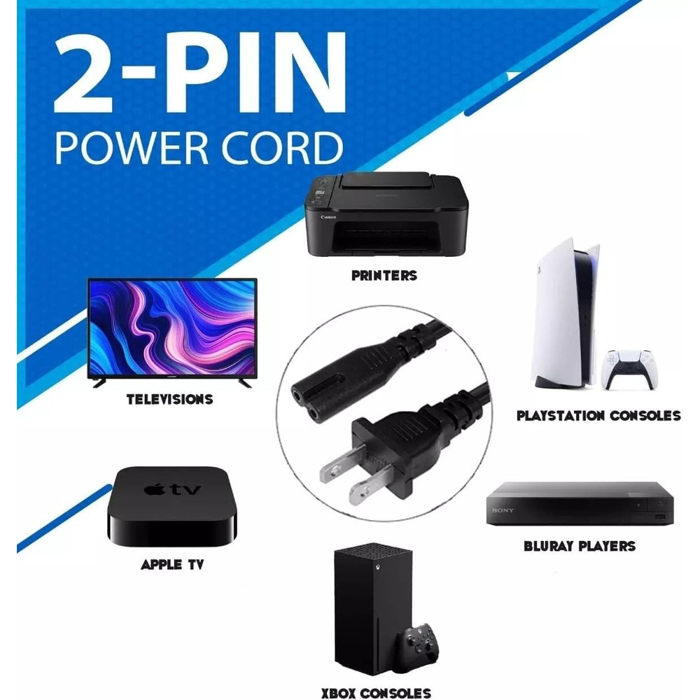 Universal 2 Prong AC Power Cord For PS5 PS4 PS3 PS2 Slim Xbox Series XS PC Laptop Monitor Samsung 0
