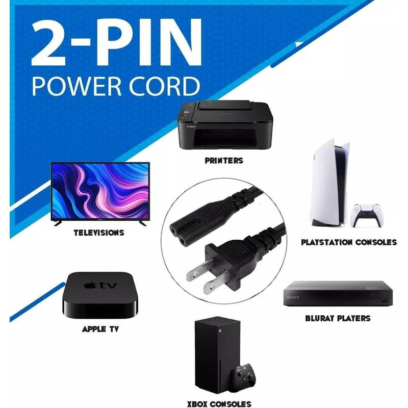 Universal 2 Prong AC Power Cord For PS5 PS4 PS3 PS2 Slim Xbox Series XS PC Laptop Monitor Samsung 0