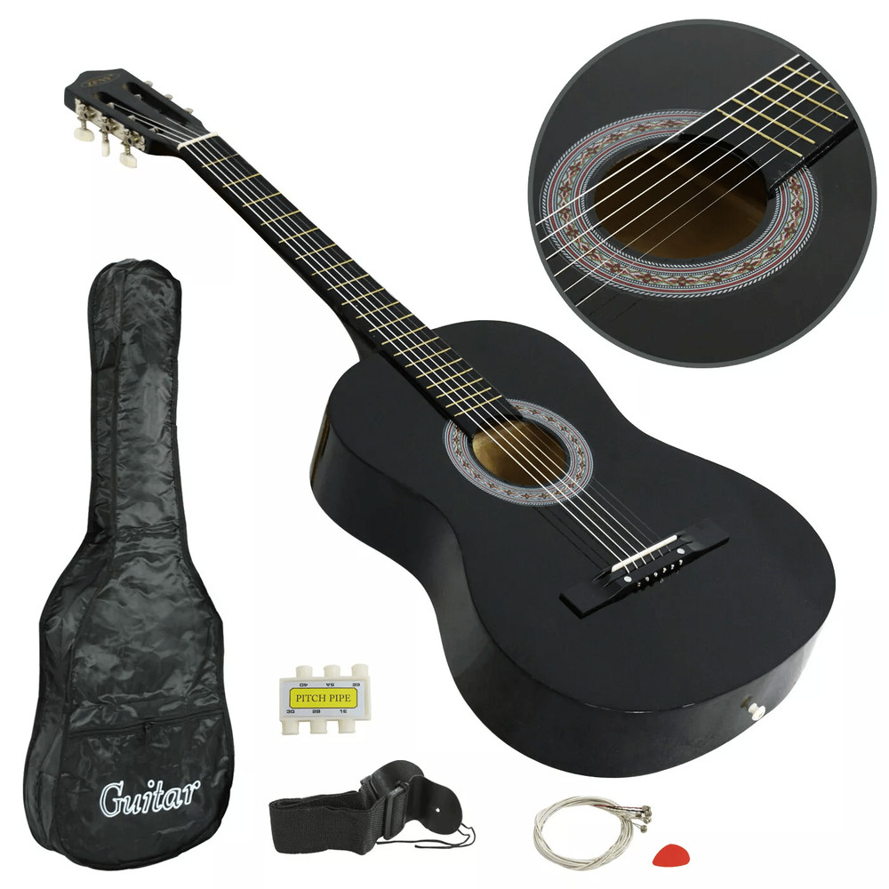 Full Size Acoustic Guitar For Adults Kids Beginners Black RightHanded Picks Bag Strings 0