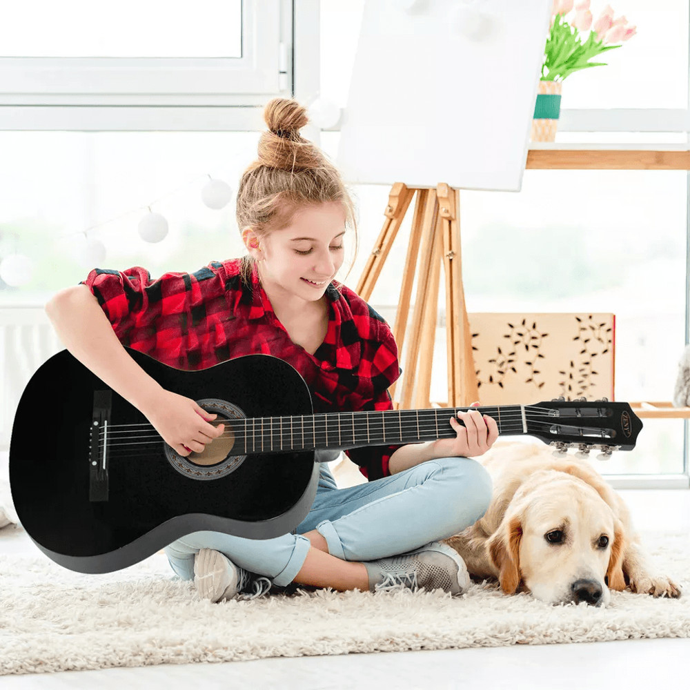 Full Size Acoustic Guitar For Adults Kids Beginners Black RightHanded Picks Bag Strings 4