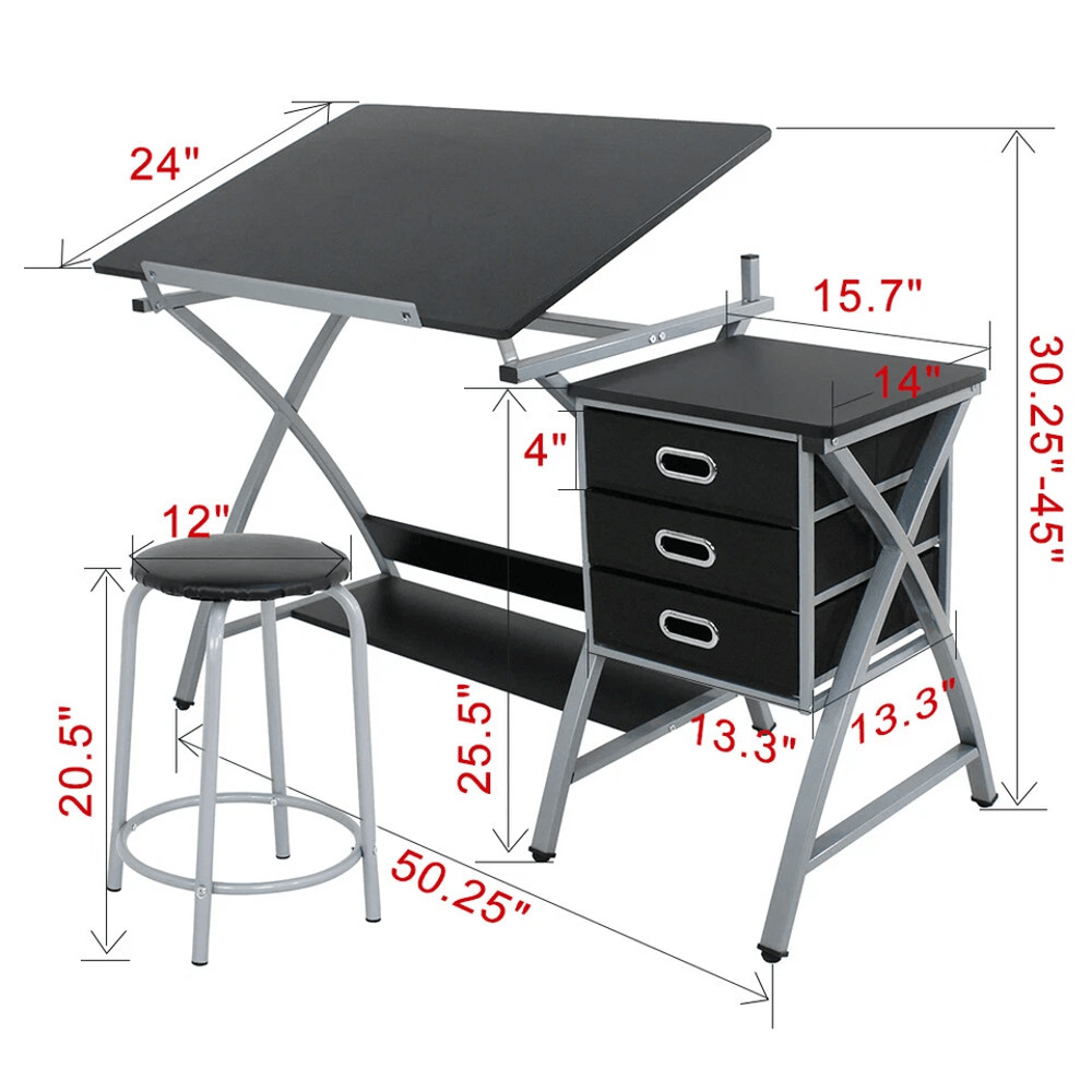 Adjustable Drafting Table Art Craft Drawing Desk With Stool Folding Art Hobby Workstation 3 Drawer 2